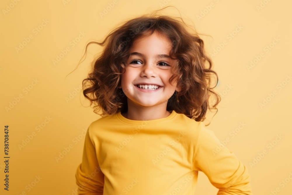 Portrait of a smiling little girl in a yellow sweater over yellow background Portrait of a smiling little girl in a yellow sweater over yellow background