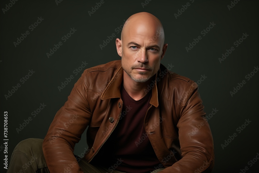 Portrait of a bald man in a brown leather jacket on a dark background. Portrait of a bald man in a brown leather jacket on a dark background.