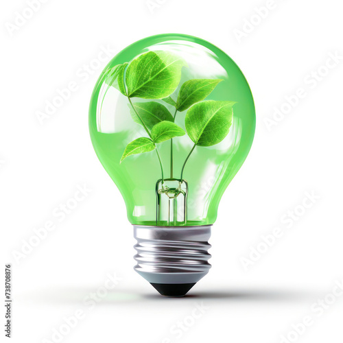 Light bulb with green leaves energy sources for renewable, sustainable development, isolated on white. Ecology, save energy and sustainability concept.