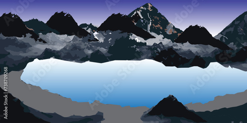 Magnificent wide angle view of snow covered rocky mountains near frozen lake under cloudy sunset sky in Iceland