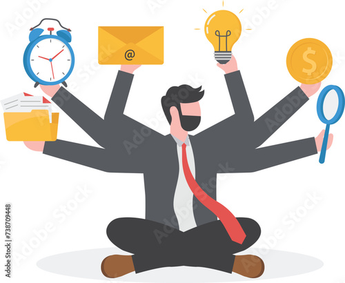 Multitasking person illustration, Businessman working on laptop and dealing with multiple task vector concept



