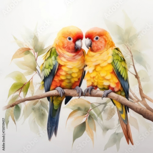 two colorful birds sitting on top of a tree branch