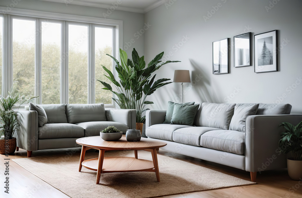 Fototapeta premium Interior of living room with green houseplants. Sofas, wooden coffee table, furniture. Scandinavian nordic minimalist style. Neutral Gray walls, big panoramic windows. Cozy apartment. Boho home decor
