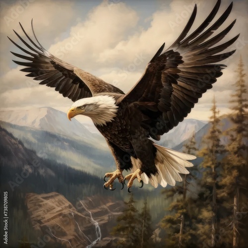 a painting of an eagle flying over a mountain