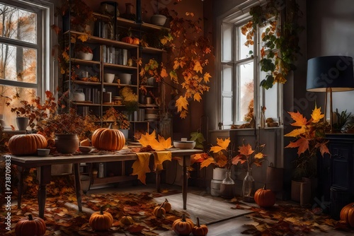 pumpkins and autumn leaves on room