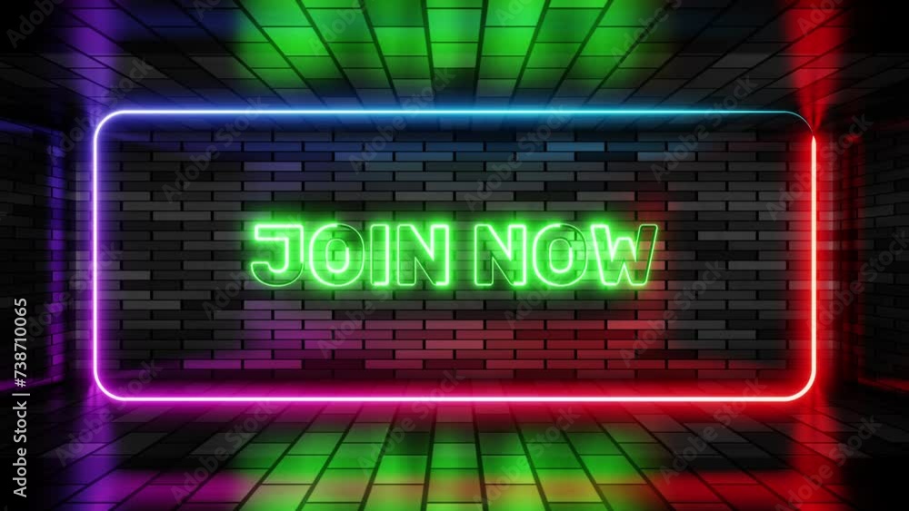 Neon sign join now in speech bubble frame on brick wall background 3d render. Light banner on the wall background. Join now loop online registration, design template, night neon signboard Neon sign join now in speech bubble frame on brick wall background 3d render. Light banner on the wall background. Join now loop online registration, design template, night neon signboard