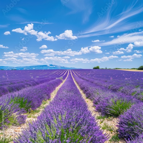 Valensole, Provence. Picturesque lavender fields with rows of purple blooms