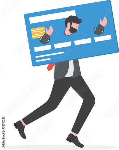 Credit card debt, overspending problem, financial failure or too much cost and expense concept, broke hopeless salary office worker shackled fetters with big credit card with his empty pant pocket.

