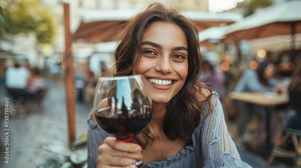 Joyful Woman Toasting with Red Wine at Outdoor Cafe Joyful Woman Toasting with Red Wine at Outdoor Cafe
