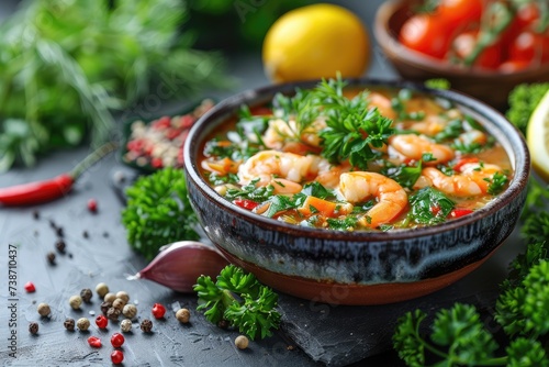 a bowl of seafood soup professional advertising food photography