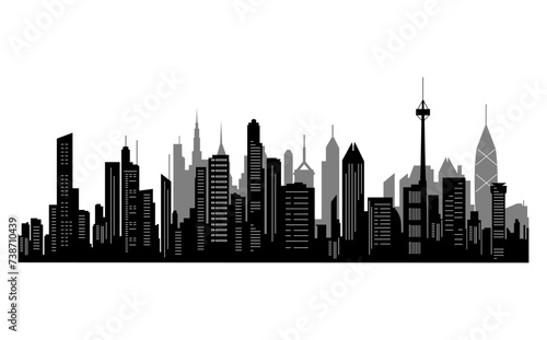 Black cities silhouette collection. Horizontal skyline set in flat style isolated on white. Cityscape with windows  urban panorama of night town.