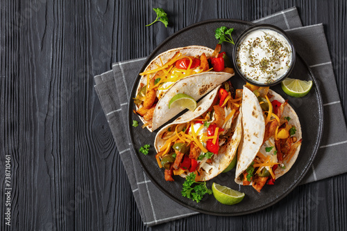 Photos baked tex-mex chicken fajitas on a plate, top view
