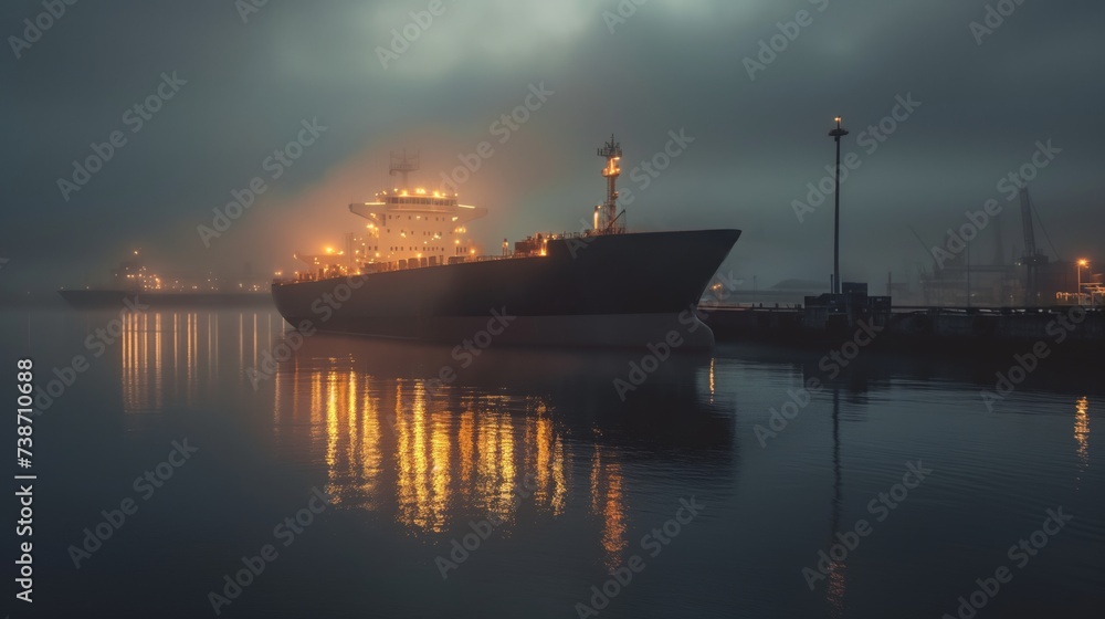 Misty evening at the harbor with a large cargo ship moored and lit up, reflecting beautifully on the calm water, perfect for industry and transportation themes with copy space