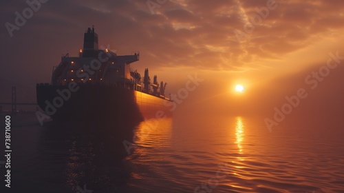 Cargo ship at sea during a golden sunset with ample copy space for text, ideal for concepts related to industry, transport, or environmental impact
