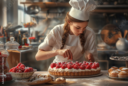 Female chef prepares delicious desserts In the bakery kitchen photo