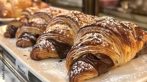 French pain au chocolat flaky croissant pastry filled with chocolate, served warm from the bakery