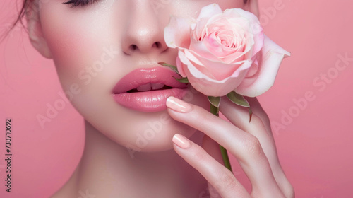 Close-Up of a Woman s Lips with a Pink Rose