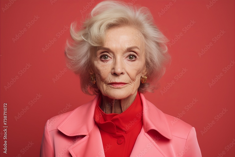 Portrait of beautiful senior woman in pink jacket on red background. Portrait of beautiful senior woman in pink jacket on red background.
