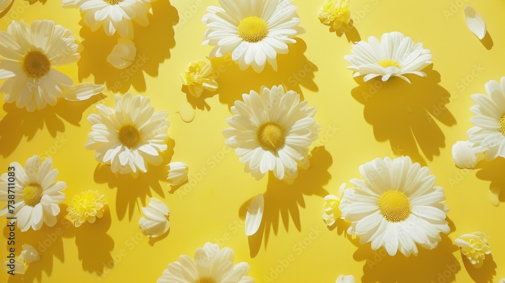 Overhead Shot of Vibrant White Daisies on Yellow Background with Petals and Shadows Overhead Shot of Vibrant White Daisies on Yellow Background with Petals and Shadows