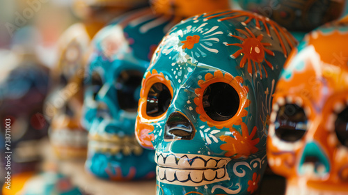 A colorful display of sugar skulls next to one another. Generated by artificial intelligence.