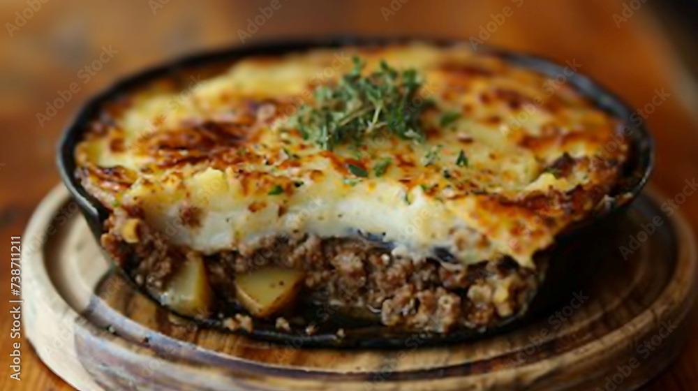 Greek moussaka with layers of eggplant, potatoes, ground meat, and b?(C)chamel sauce