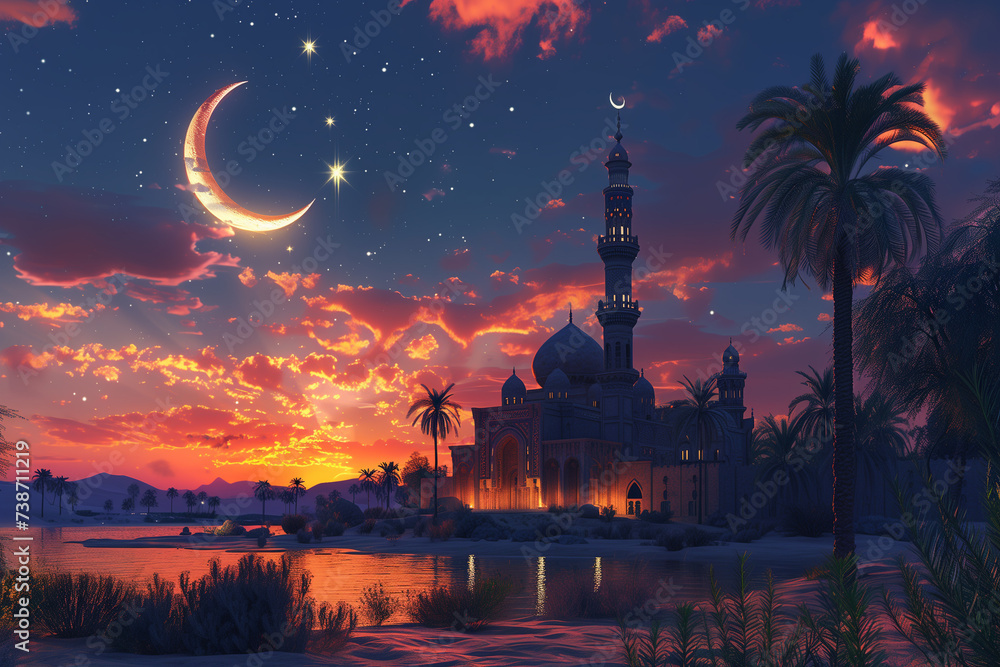 A crescent moon and a star shining above a minaret in a desert oasis.