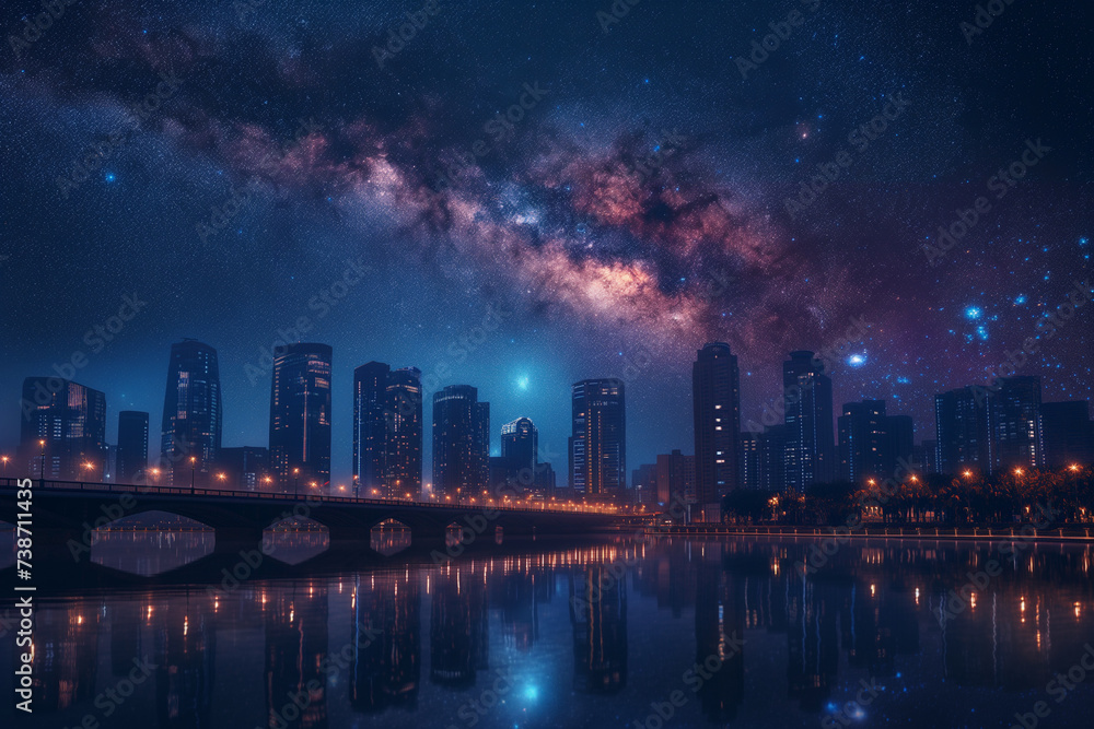 A milky way and a satellite over a city skyline and a bridge.