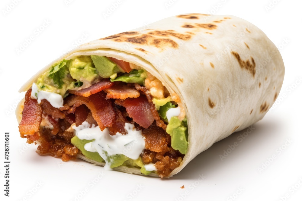 Brisk Bacon Burrito , white background, fast food. Brisk Bacon Burrito , white background, fast food.