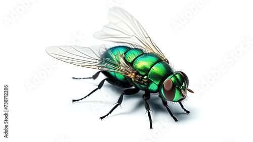 Isolated green bottle fly on a branch against a stark white background
