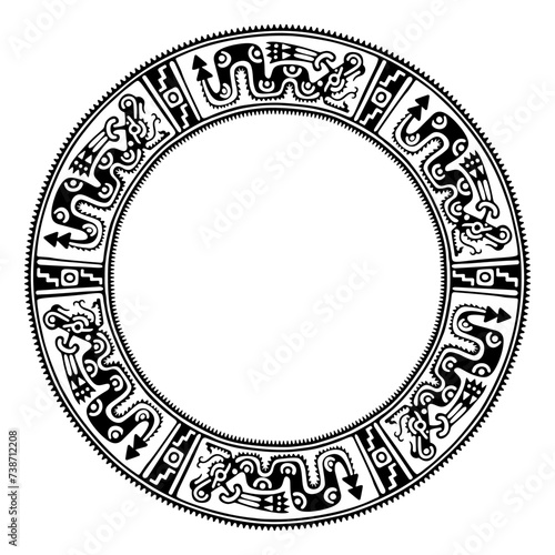 Circle frame with Aztec serpent pattern. Border made with a motif similar to a cylindrical clay stamp of ancient Mexico, found in Veracruz. Coatl, the snake, is the fifth day sign in Aztec calendar. photo