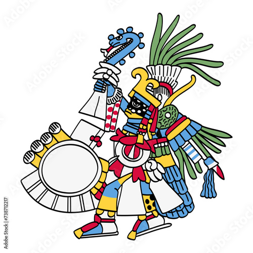 Huitzilopochtli, patron god of the Aztecs and capital city Tenochtitlan. Solar and war deity of sacrifice, wielding Xiuhcoatl, the fire serpent, as weapon, as he is depicted in the Codex Borbonicus.