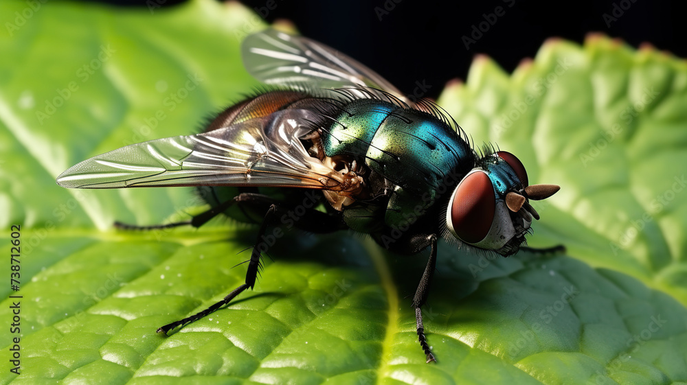 Close-up of a housefly on green leaves isolated against a stark white background Close-up of a housefly on green leaves isolated against a stark white background