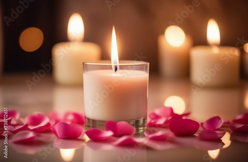 Rose petals and candle in a bathtub. Valentines day concept. Scented burning candlelight. Beauty water therapy spa wellness. Romantic bath health care relaxation. Luxury bathroom idea for couple night