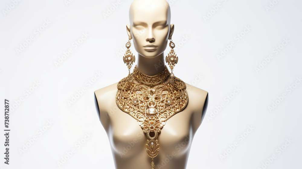 Precious ornamented mannequin set apart on a stark white background Precious ornamented mannequin set apart on a stark white background