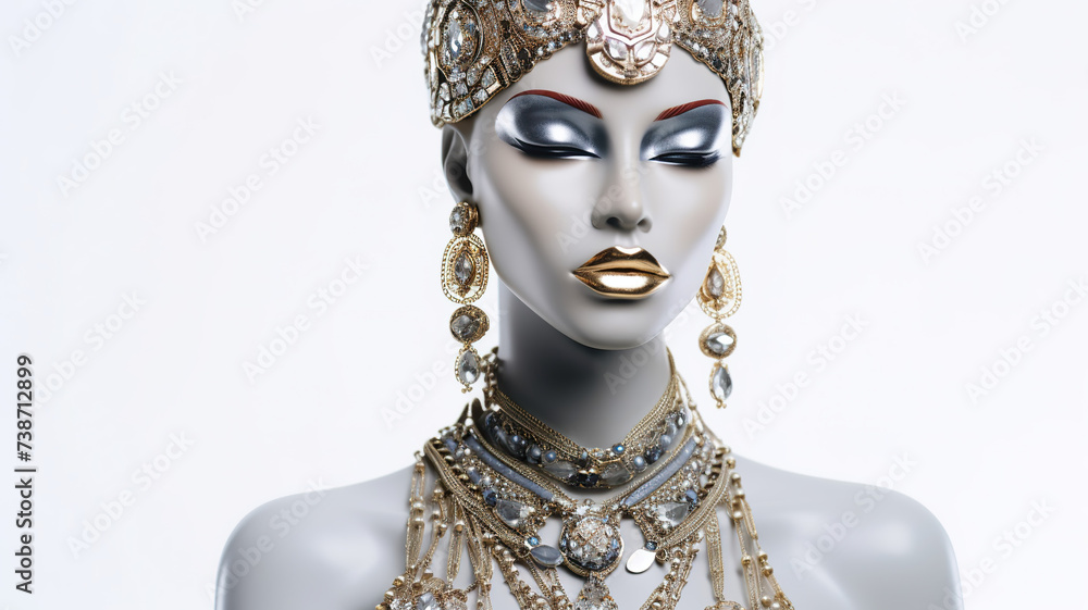 Precious ornamented mannequin set apart on a stark white background Precious ornamented mannequin set apart on a stark white background