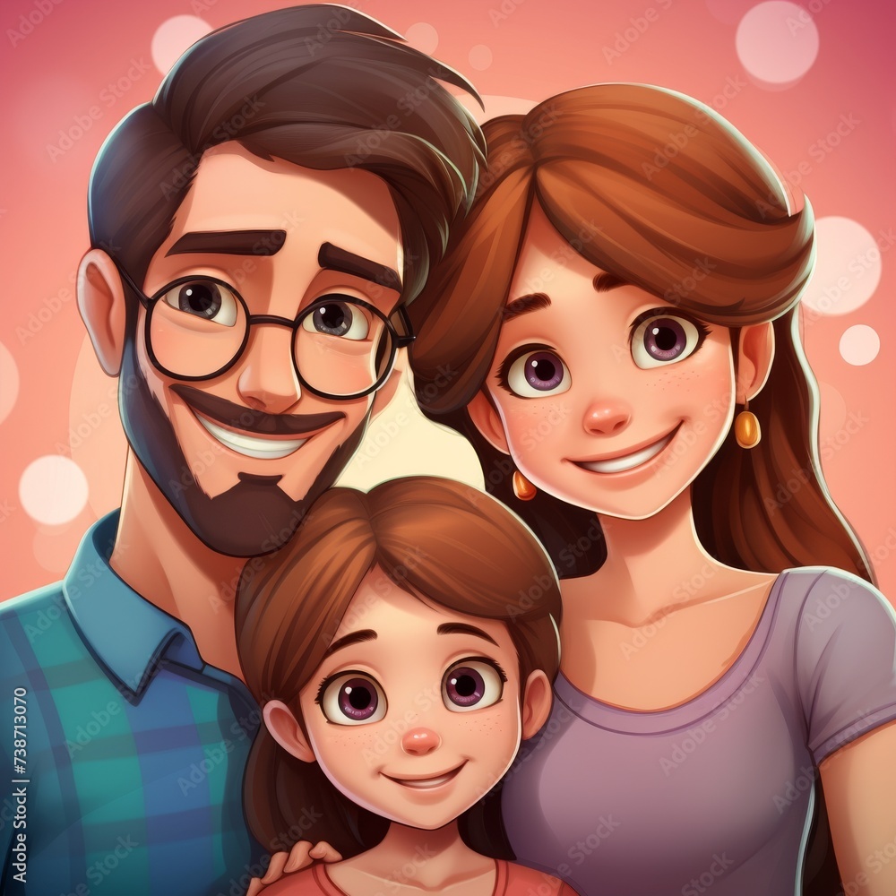 Happy family with a father, mother, and daughter, showcasing a close-knit family portrait with warm smiles, cartoon-style image, perfect for family-related content. Happy family with a father, mother, and daughter, showcasing a close-knit family portrait with warm smiles, cartoon-style image, perfect for family-related content.