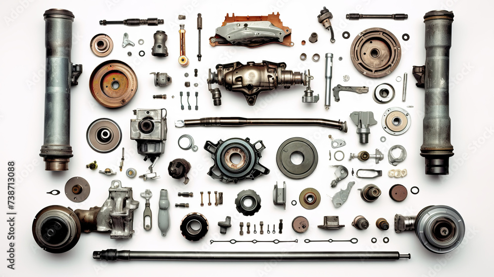 Antique auto spare parts in their entirety, arranged for repair, isolated on a blank white background Antique auto spare parts in their entirety, arranged for repair, isolated on a blank white background