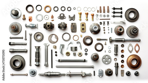 Antique auto spare parts in their entirety, arranged for repair, isolated on a blank white background