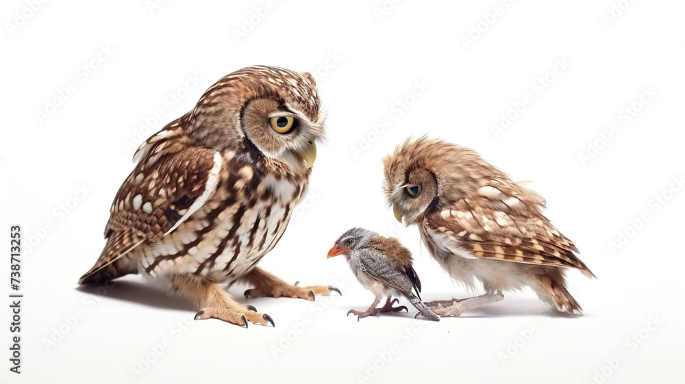 Owls capture prey, a tiny lizard, isolated against a stark white background. Owls capture prey, a tiny lizard, isolated against a stark white background.