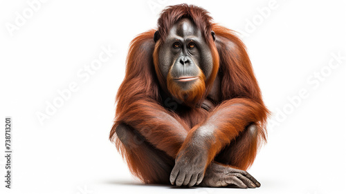 A lone orang utan against a stark white background