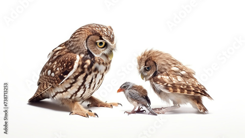 Owls capture prey, a tiny lizard, isolated against a stark white background.