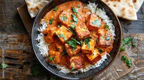 Indian paneer tikka masala creamy tomato-based curry with grilled paneer cheese, served with rice or naan bread photo