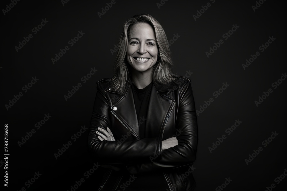 Portrait of a beautiful blonde woman in a leather jacket on a dark background