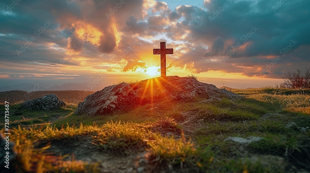 Sunset Behind Cross on Hilltop with Radiant Sunbeams - obrazy, fototapety, plakaty 