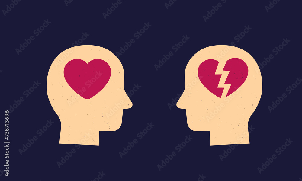 Head and heart, heartbreak vector icons