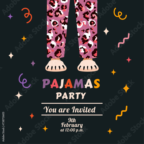 Festive invitation to a pajama party in hand drawn and doodle style. Vector illustration. Overnight. House slippers and feet. Card template. Slumber. Nightwear. Event flyer. Birthday celebration.