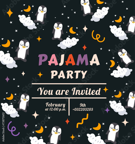 Invitation to a pajama party in a trendy flat style. Penguins in hand drawn style. Pajamas and sleepwear. Slumber. Shirt and pants. Slippers. A pair of legs. Overnight. Nightwear. Mask for sleep.