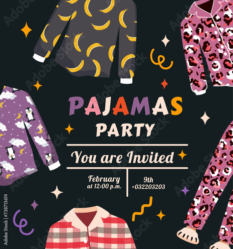 Invitation to a pajama party in a trendy flat style. Vector illustration. Vibrant colors on the poster. Pajamas and sleepwear. Shirt and pants. Slippers. Template for editing.  Legs. Bright and modern