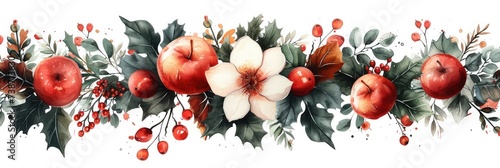 A lot of Christmas flower, green, fruits , water color style, vector, white background, top view. Generative AI. photo