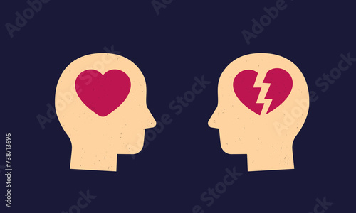 Head and heart, heartbreak vector icons